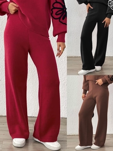 Women's Casual Knitted Wide Leg Pants High Waist Straight Trousers Solid Color Autumn Winter Outerwear Polyester Trousers