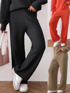 Women High Waist Ribbed Knit Wide Leg Pants Solid Color Straight Casual Loose Trousers For Autumn Winter Streetwear Polyester