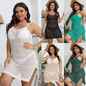 Robe de Plage Sexy au Crochet Ajouré pour Femme Bohème Fente Latérale Mesh sans Manches Cache-maillot pour Vacances d'Été