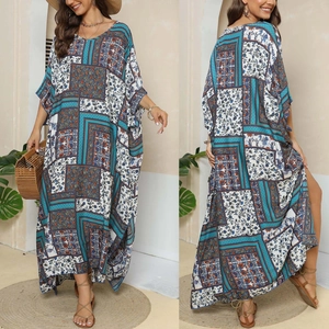 Front and back view of a bohemian floral kaftan with geometric print and V-neckline