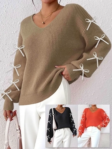 Women V Neck Long Sleeve Knit Sweater Ribbon Bow Decoration Solid Color Pullover Streetwear Top Fall Winter Fashion Jumpers