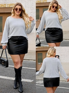 Haut en Tricot à Côtes Grandes Tailles Femme Décontracté Col Rond Manches Longues Pull Coupe Ample Gris Streetwear T-Shirt