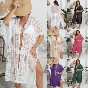 Cache-maillot de Plage au Crochet pour Femmes Cardigan Sexy Boho Dentelle Kimono avec Fente Latérale Vacances d'Été
