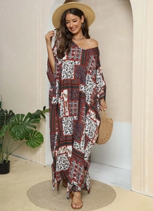 Bohemian printed maxi kaftan dress with off-shoulder design for beach vacation style