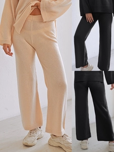 Women Casual Knitted Lounge Outfit Long Sleeve Ribbed Top And High Waist Wide Leg Pants Solid Color Soft Streetwear Apparel