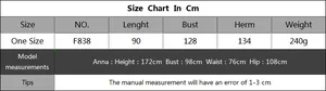 Detailed size chart for the oversized beach cover-up with measurements and model info
