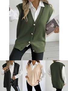 Gilet en Maille Décontracté pour Femmes Col en V avec Boutons de Künstliche Perles Cardigan Sans Manches Couleur Unie Automne