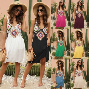 Robe Cami à Bretelles au Crochet Bohème pour Femmes Col en V Cache-Maillot de Plage Ajouré Robe d'Été de Vacances Mini Robe Épissée