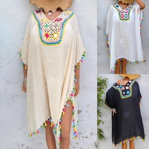 Women Bohemian Beach Cover Up Crochet Patchwork V Neck Kaftan Dress With Colorful Tassels Loose Vacation Swimsuit Coverup