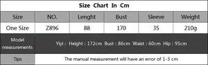 Detailed size chart for crochet patchwork beach cover-up with length and bust measurements