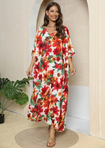 Women's floral print V-neck maxi dress kaftan with loose fit for beach vacation