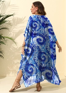 Blue and white floral print loose beach maxi dress with side split for women vacation