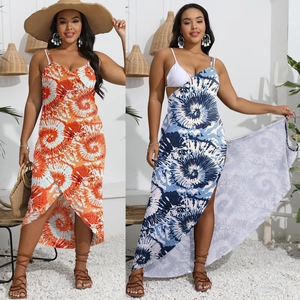 Plus Size Women Swirl Print Irregular Hem Cross Strappy Beach Dress Bohemian Summer Backless Cover Up Long Sundress