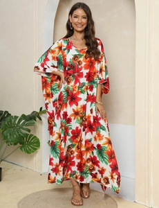 Floral print V-neck kaftan dress with tropical leaves and loose batwing sleeves