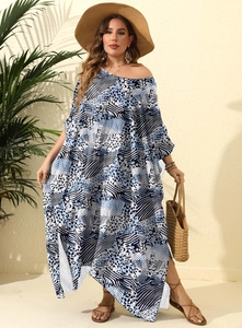 Blue and white abstract animal print kaftan dress with one-shoulder design and split hem