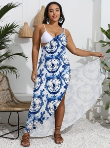 Women's plus size blue and white tie-dye irregular beach dress with slit design