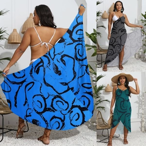 Plus Size Women Abstract Swirl Print Beach Cover-Up Irregular Slit Hem Backless Summer Vacation Resort Maxi Dress