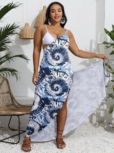 Plus size blue and white swirl print irregular beach dress with side slit and strappy top