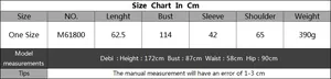 Detailed size chart for women's striped knit sweater showing precise measurements in cm