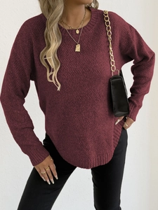 Women's casual crew neck burgundy knit sweater with curved hem and loose long sleeves