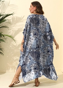 Women's plus size leopard print maxi dress, loose split beach cover-up in blue and white
