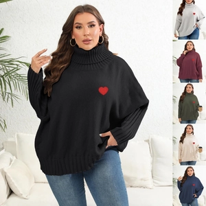 Oversized turtleneck sweater for women with red heart embroidery and batwing sleeves