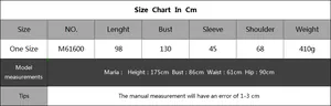 Detailed size chart for oversized knitted cardigan with length and bust measurements