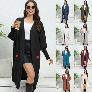Women Oversized Open Front Long Knit Cardigan Sweater With Heart Embroidery Pocket Lantern Sleeve Casual Loose Outerwear Knitwear