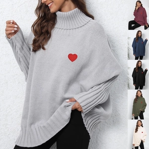 Loose high collar knit sweater for women with red heart embroidery detail in six colors