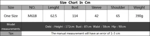 Detailed size chart for striped knit sweater M618 with length and bust measurements
