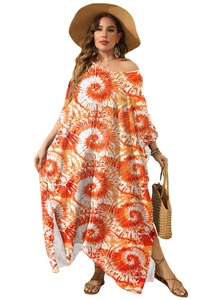 Women's plus size orange tie-dye maxi dress for beach vacations with side slit and bat sleeves
