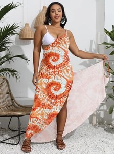 Plus size orange tie-dye asymmetric beach maxi dress with side slit and waist cutout