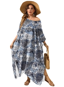 Women's plus size leopard print maxi dress, loose kaftan beach cover-up with slit hem