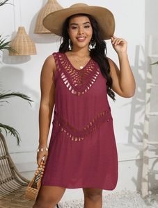 Sleeveless crochet hollow-out beach cover-up dress in dark red for summer vacation