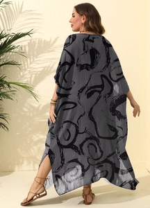 Women's plus size loose ink print maxi dress beach cover-up with side slit
