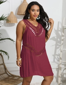Detailed V-neck crochet insert and burgundy woven texture of the bohemian beach dress