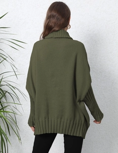 Detailed back view of an olive green oversized knit sweater with vertical ribbed texture