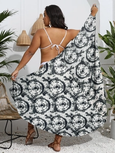 Detail of plus size black and white tie-dye sarong wrap skirt for beach vacations