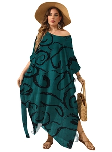 Women's dark green bohemian oversized maxi dress with black abstract spiral prints