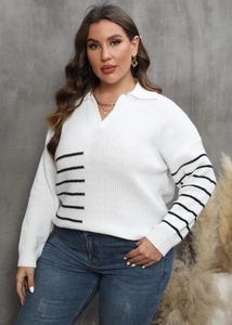Detail of V-neck polo collar and black stripes on a white knit sweater for women