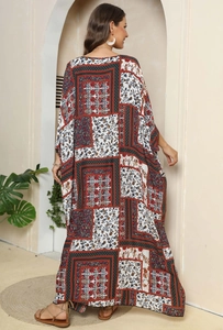 Bohemian geometric floral print kaftan dress with red and black ethnic patterns