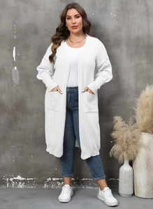 Gilet long blanc en maille avec deux poches et manches lanternes pour femmes