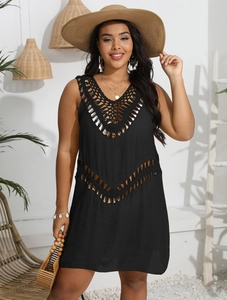 Women's black crochet knit bikini cover-up dress for beach vacation and summer style
