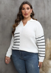 Close-up of knit texture and black striped pattern on white V-neck POLO sweater