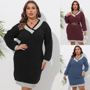 Robe en Maille Grande Taille pour Femmes Col en V avec Bordure Contrastée Élégante Manches Longues Robe Pull Moulante pour Automne Hiver