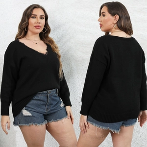 Plus size black V-neck sweater with delicate lace trim and loose fit for women