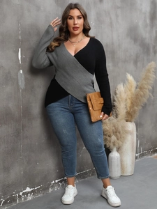 Detail of plus size V-neck sweater with contrast color blocking and gray-black design
