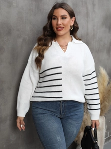 Plus size women stripe knit polo sweater with black color block and drop shoulder