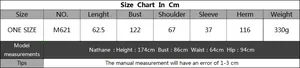 Detailed size guide table for women color block loose sweater showing bust and length