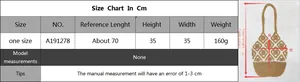 Detailed size chart of handmade crochet tote bag with dimensions in centimeters